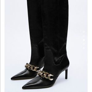ZARA Chain Detail Heeled Leather Knee High Boots